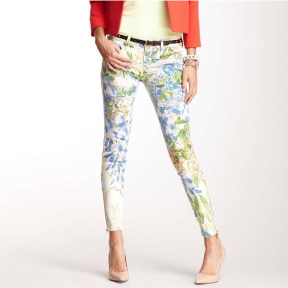 Genetic Denim "The James" Gold Metallic Floral Skinny Jeans Ankle Crop Size 28